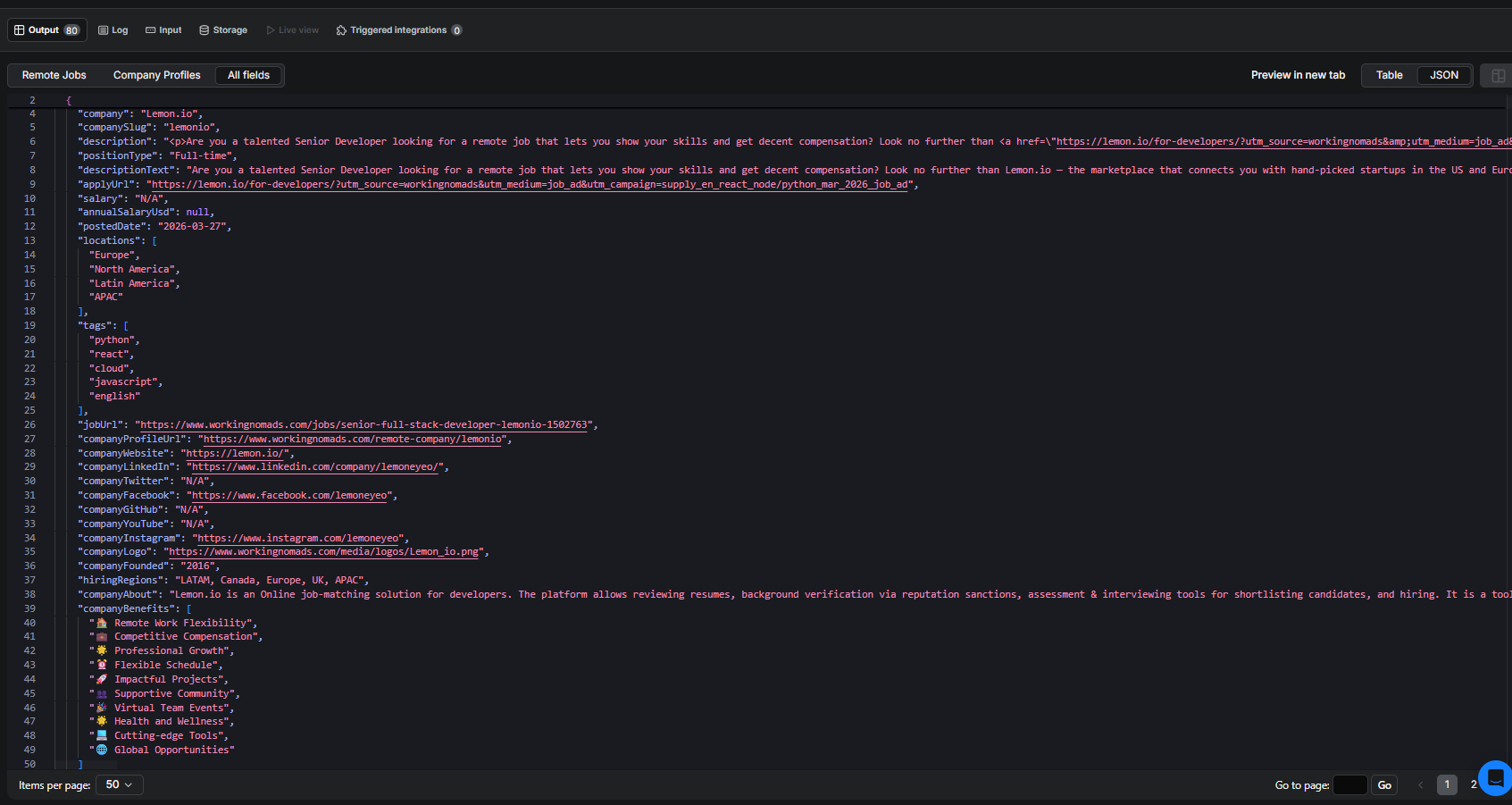 Apify dataset output showing a scraped Working Nomads job record in JSON view with company benefits, social links, hiring regions, and company details populated