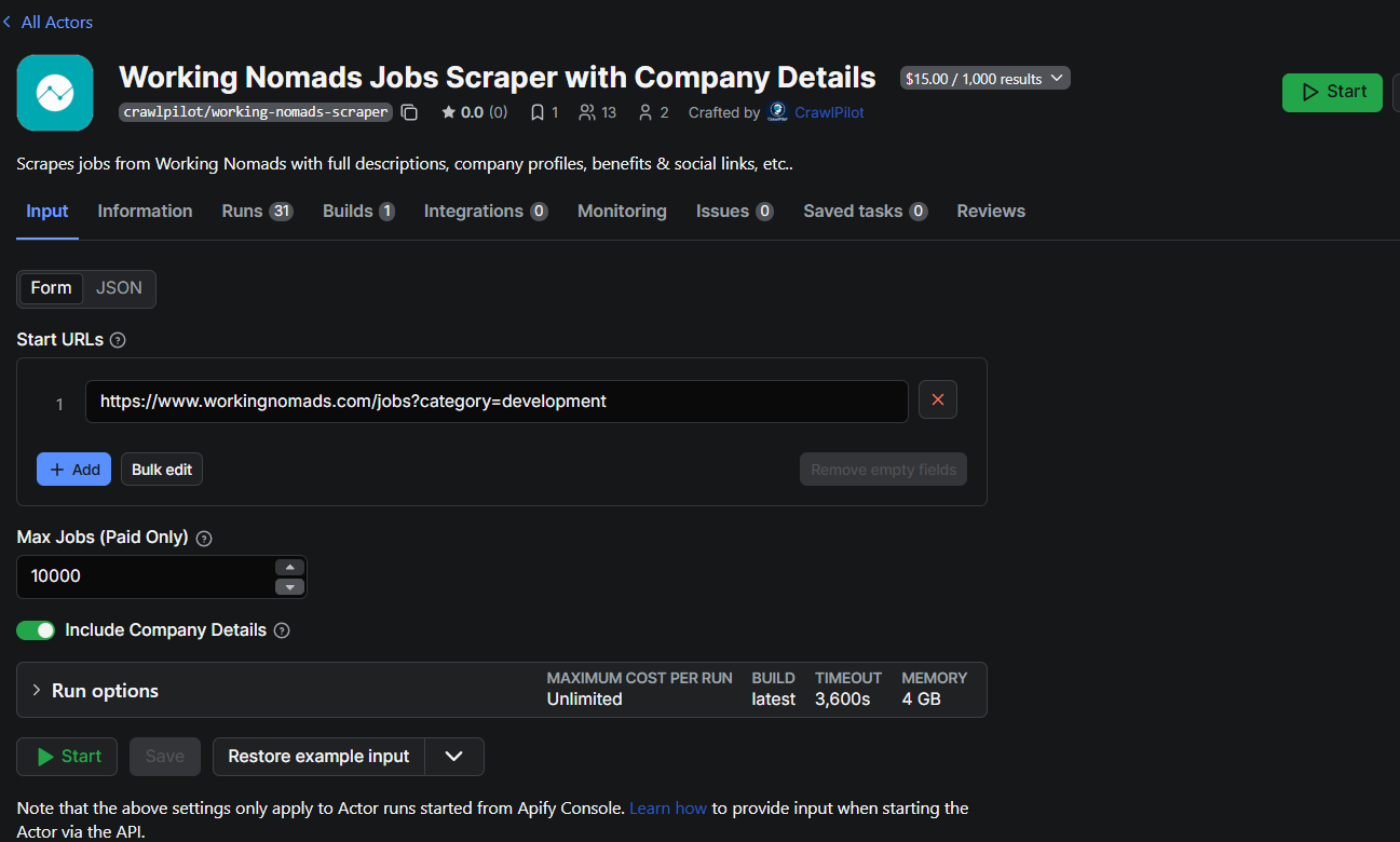 Working Nomads Jobs Scraper Actor input page on Apify Store showing URL input, Max Jobs field, and Include Company Details toggle