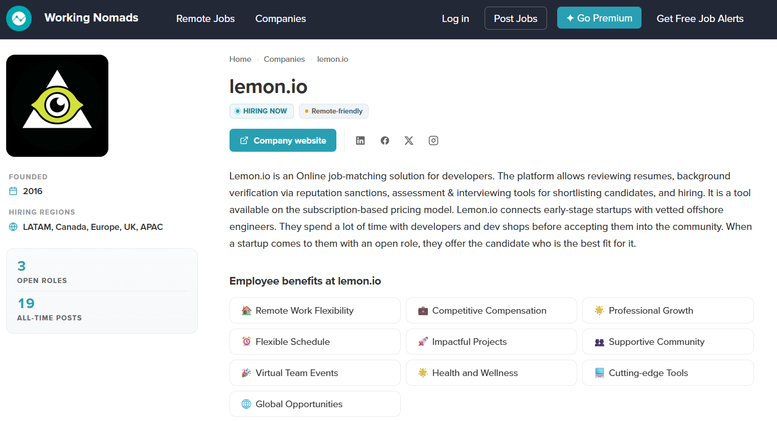 Working Nomads company profile page for lemon.io showing social links, founded year, hiring regions, about section, and employee benefits