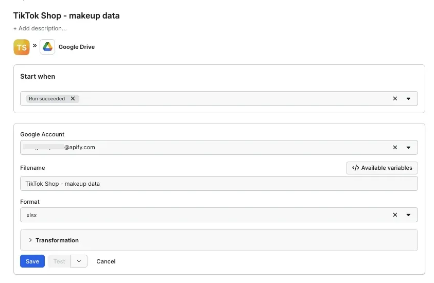 TikTok Shop Scraper - Google Drive integration configuration