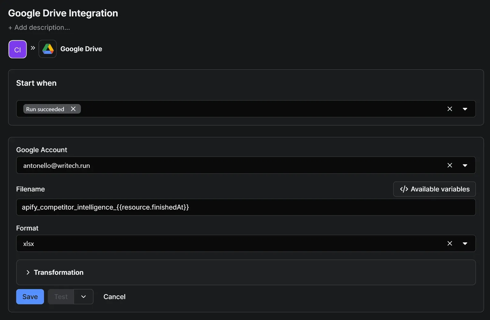 Filling out the integration form