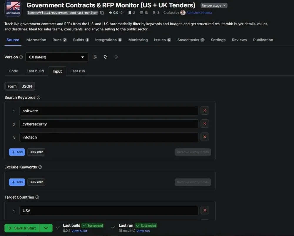 Apify Console input form for the Government Contracts Monitor Actor, with Search Keywords and Target Countries fields
