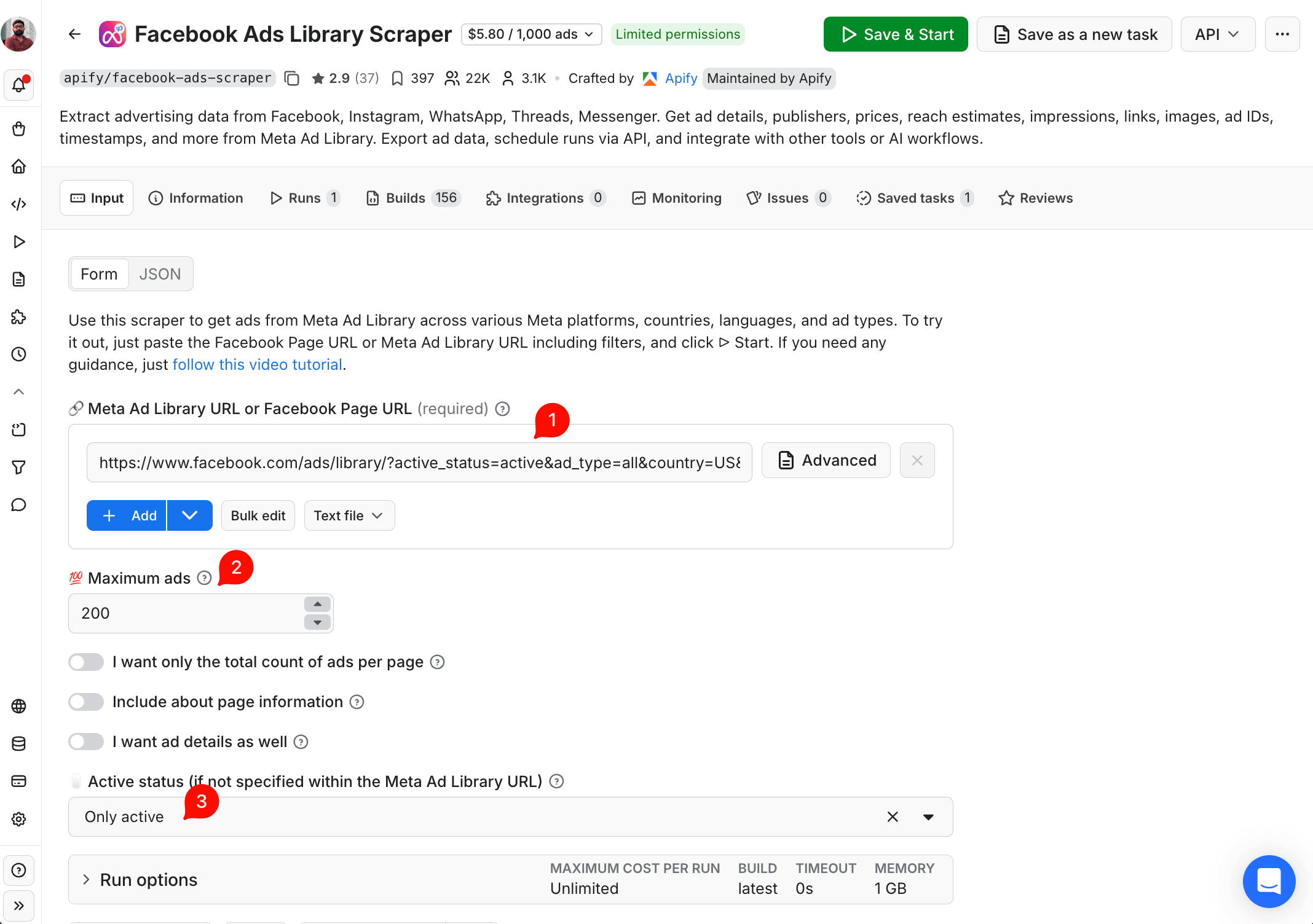 apify/facebook-ads-scraper input form in the Apify Console – Meta Ad Library URL filled in, Maximum ads set to 200, Active status set to Only active