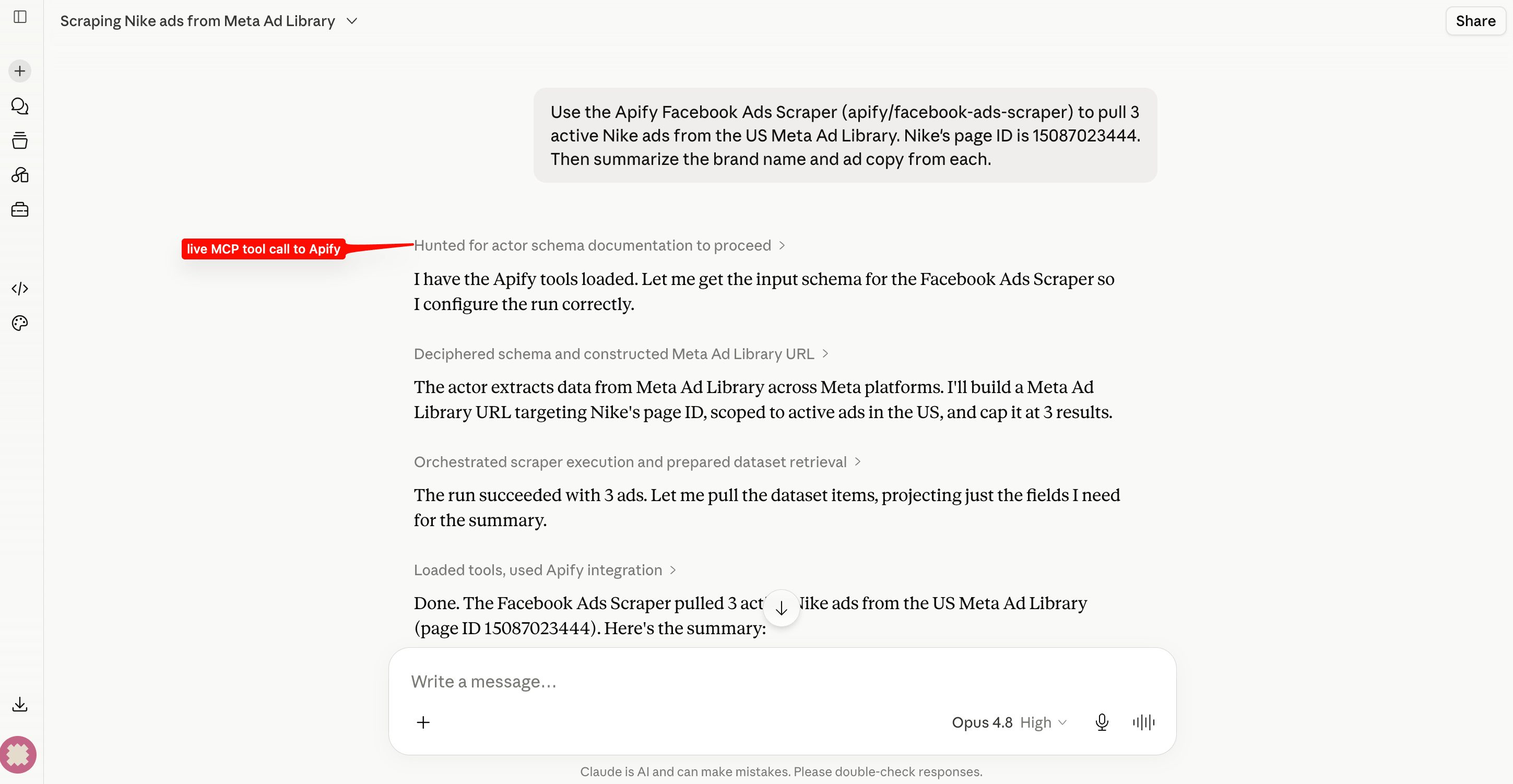 Claude in claude.ai using the Apify MCP server to call apify/facebook-ads-scraper – the prompt asks for 3 Nike ads, and Claude's response shows it hunting for the actor schema, building the Meta Ad Library URL, orchestrating the scraper run, and pulling the dataset, then summarizing the 3 ads