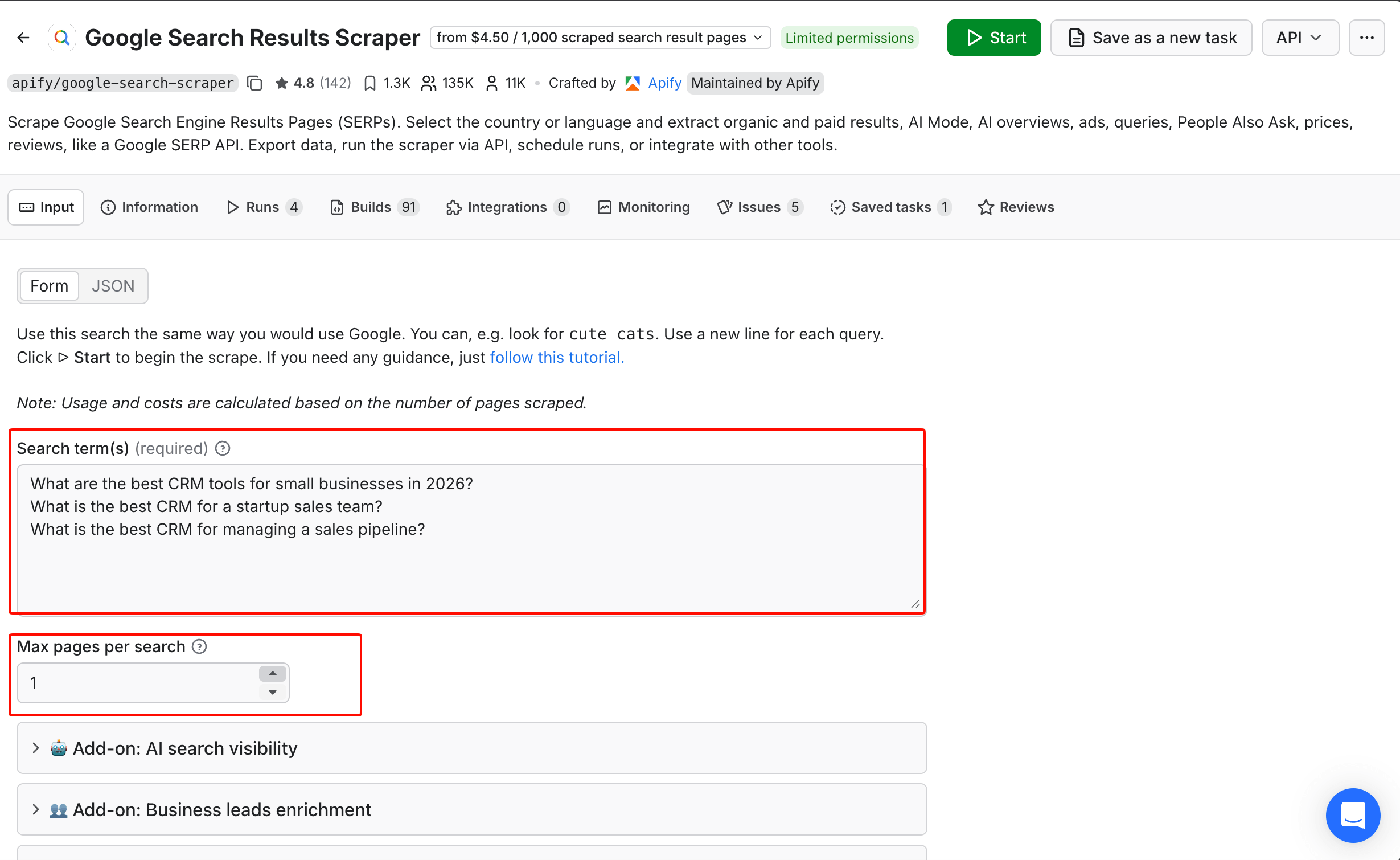 Apify Google Search Results Scraper input - the 3 CRM prompts pasted into the Search term(s) field.