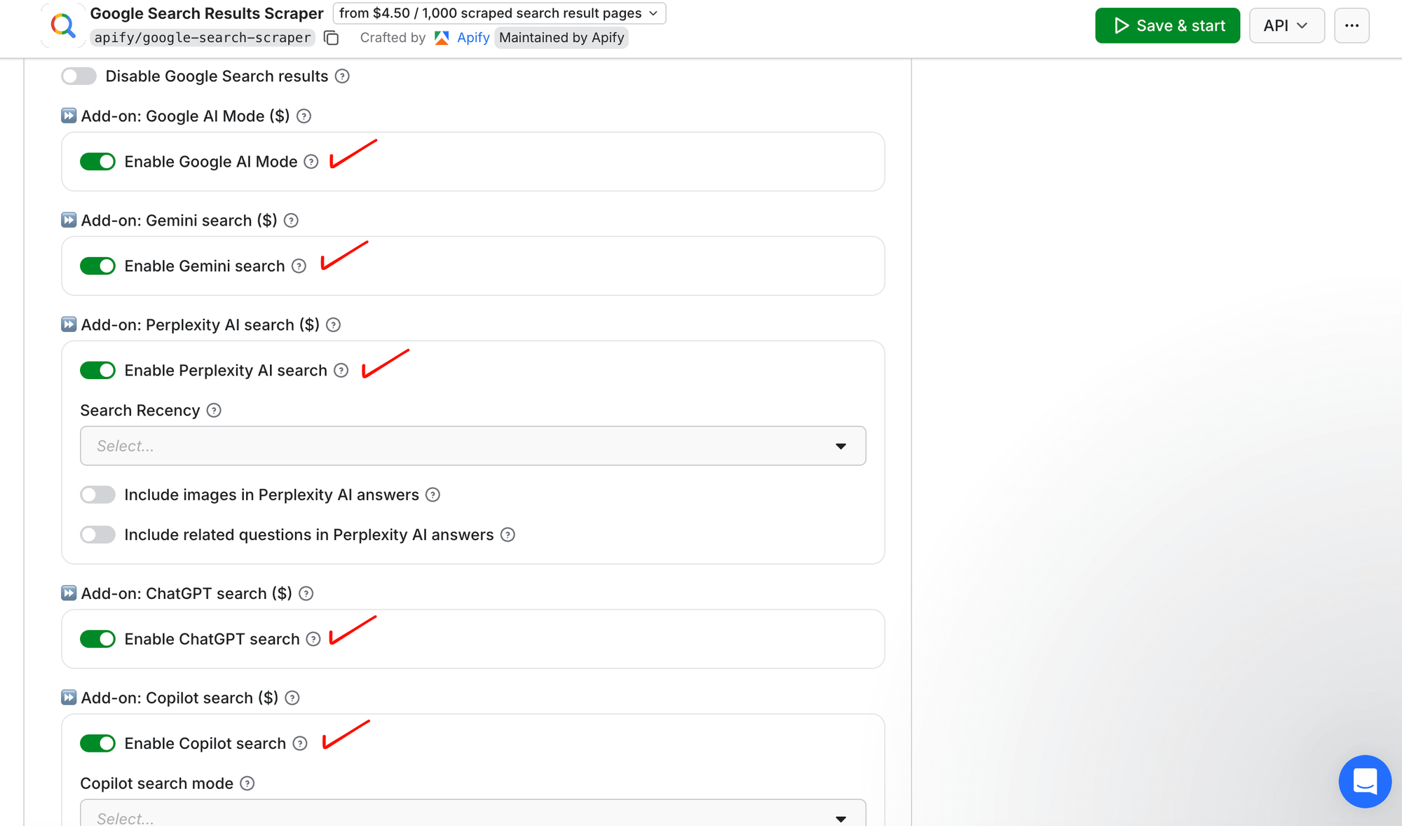 The Actor's AI search visibility add-on expanded, with Google AI Mode, Gemini, Perplexity, ChatGPT, and Copilot search all toggled on - every major AI engine in one run.