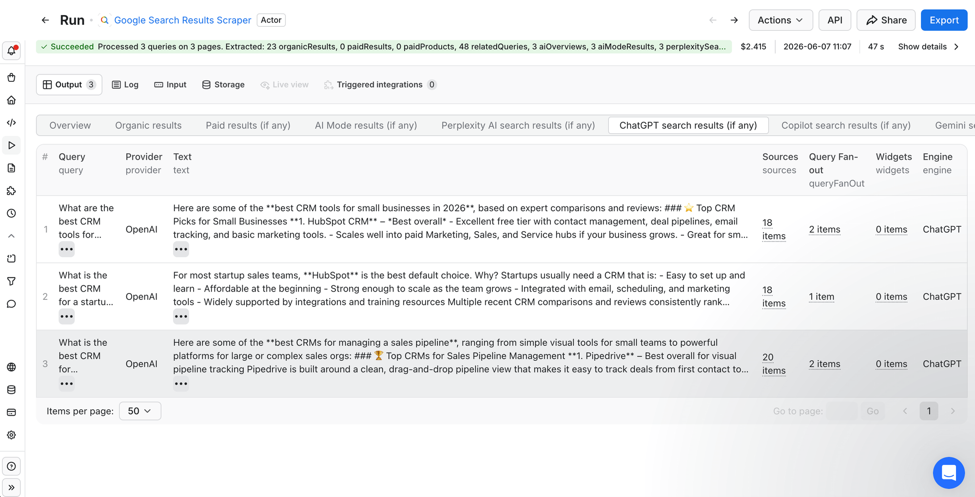 Apify run output - ChatGPT's answers to 3 CRM prompts, each row showing the answer text plus a Sources column with 18-20 cited URLs: the raw data behind every metric.