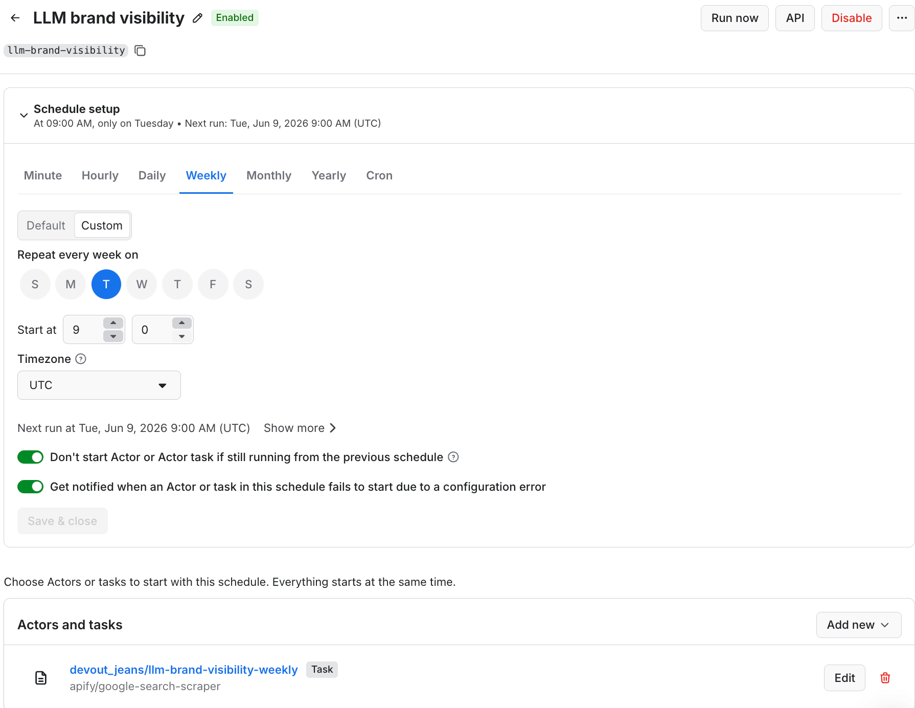 Apify Console with schedule setup