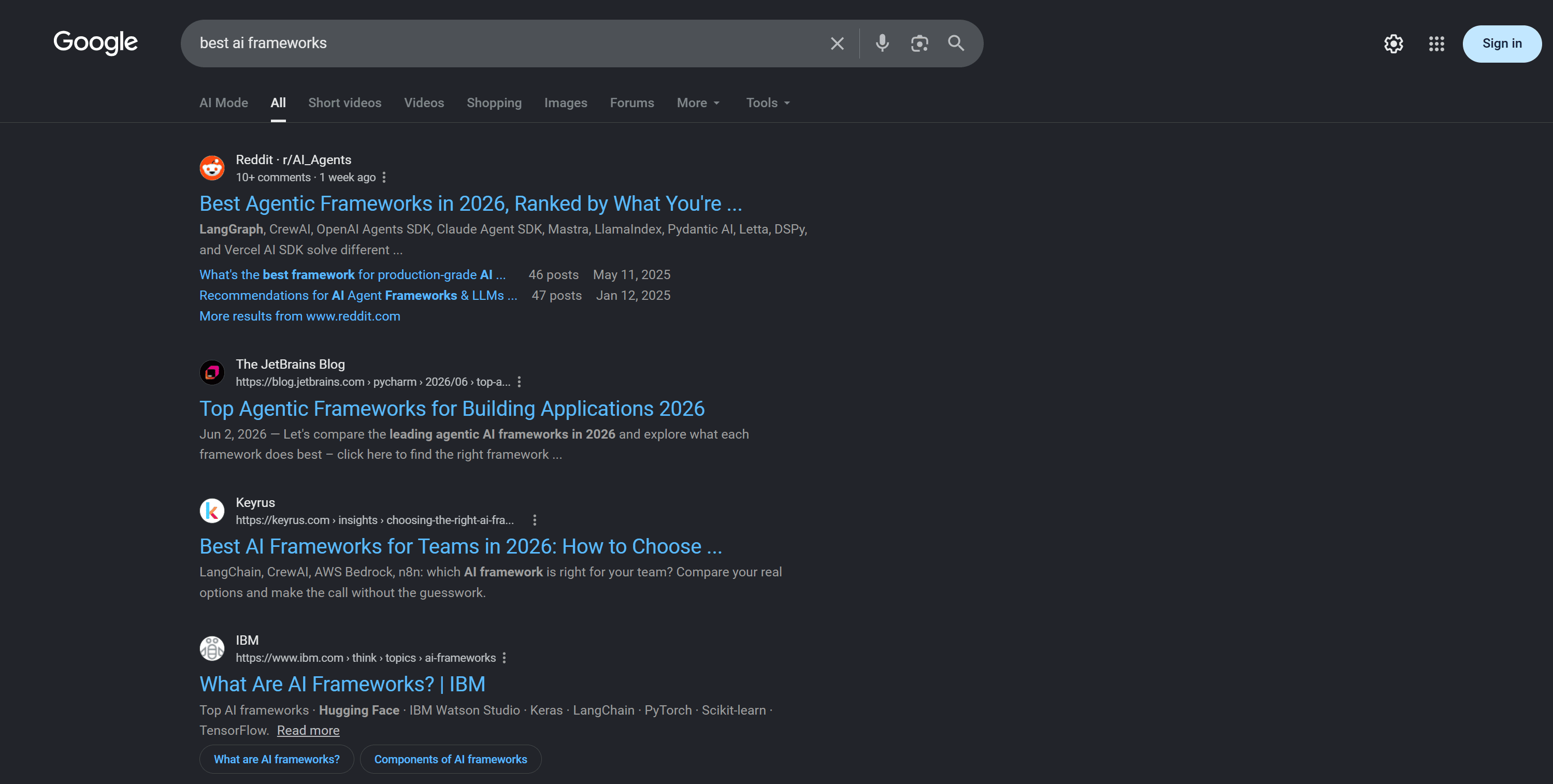 The Google SERP for the “best ai frameworks” search query from a US IP