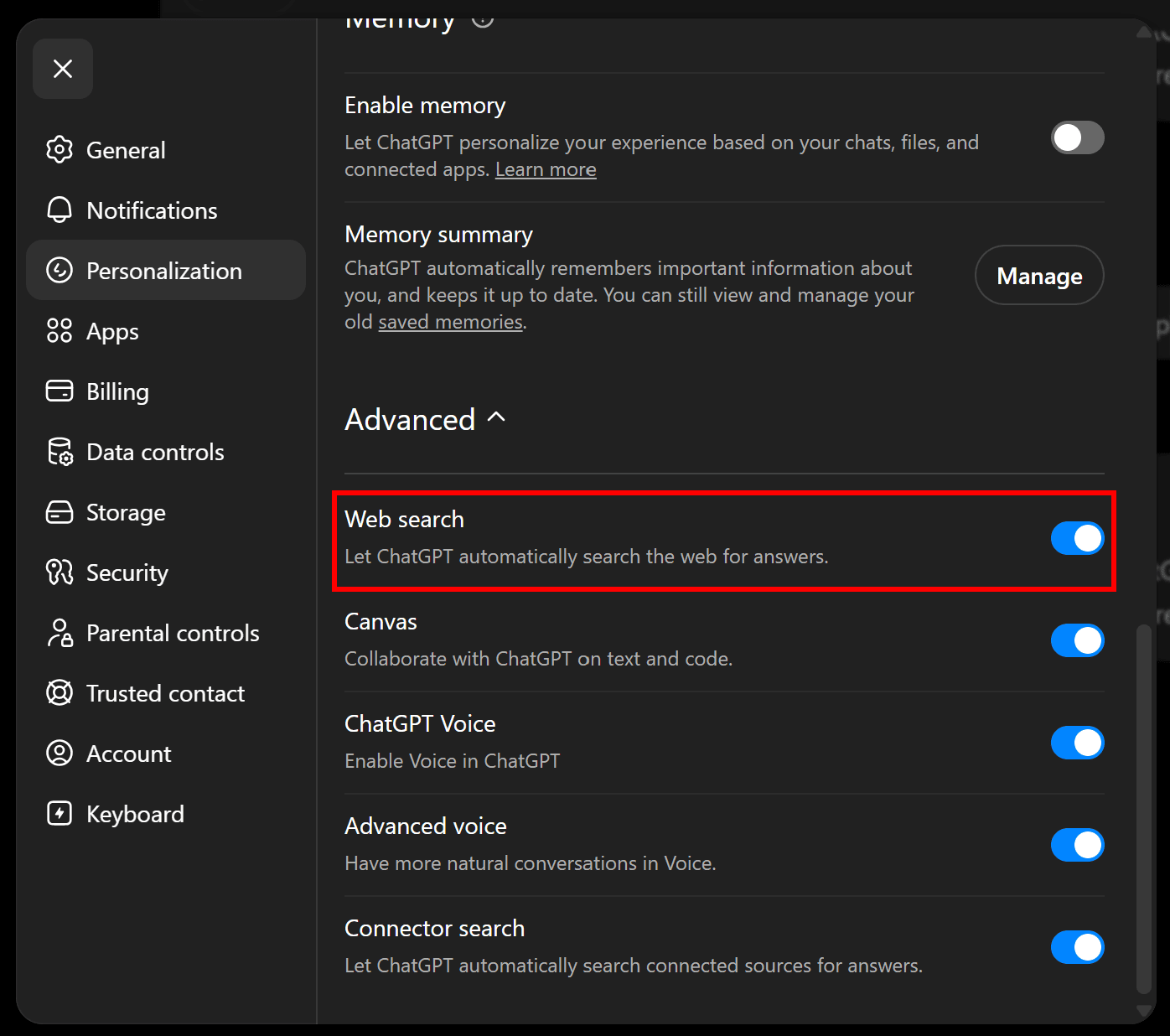 Enabling/Disabling the “Web search” tools in ChatGPT