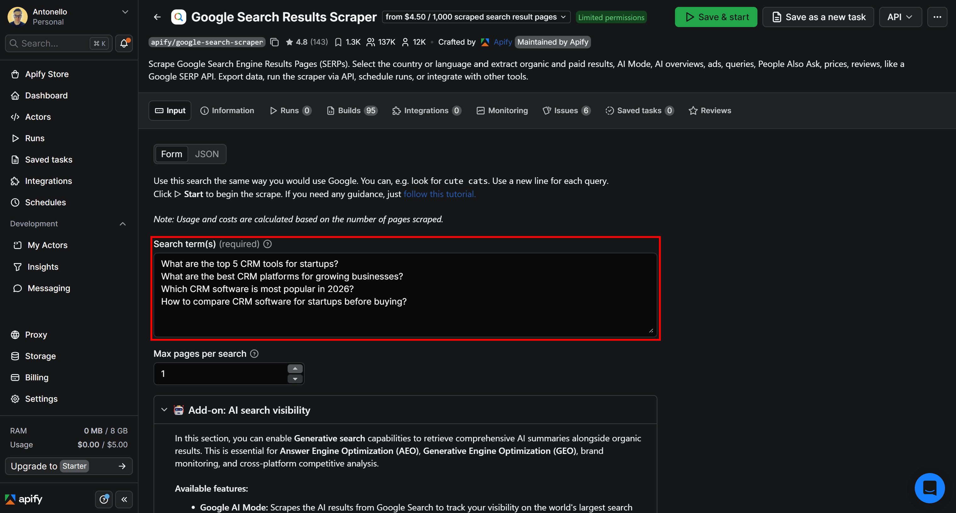 Note the input prompts to Google Search Results Scraper