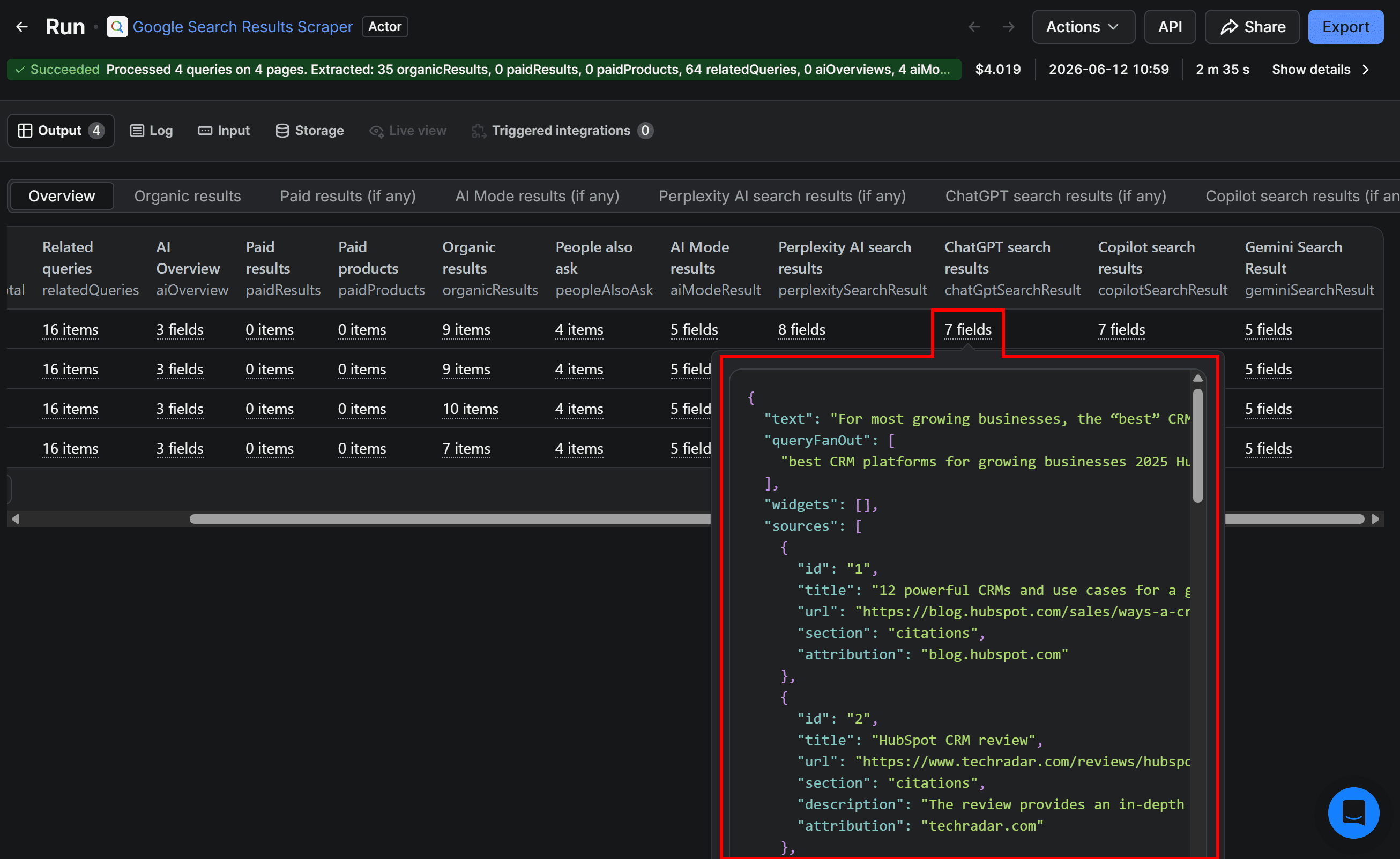 The field contains ChatGPT results in a structured format