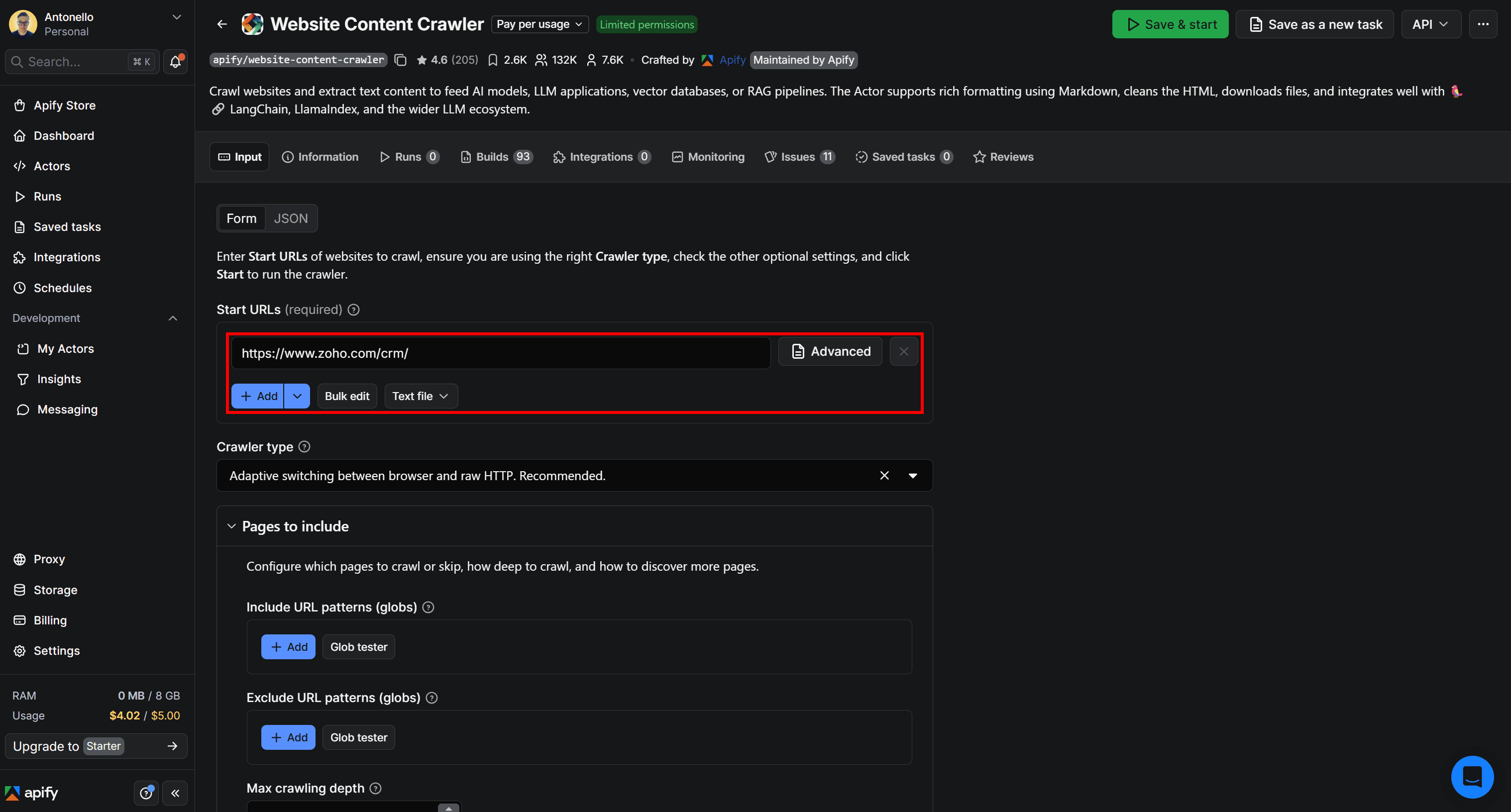 Add the start URL and configure the crawling task