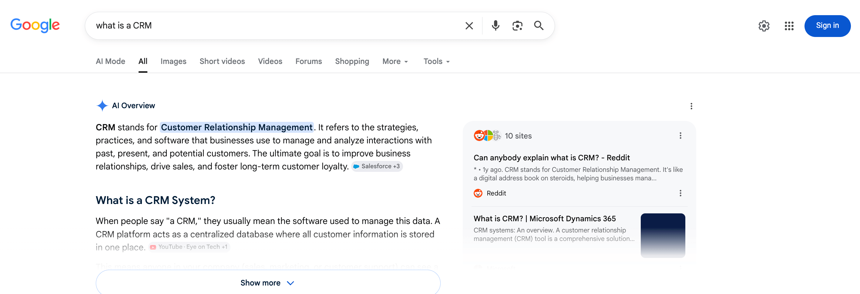 A Google AI Overview for "what is a CRM" shows the answer on the left and its panel of cited sites on the right. Those citation slots are what the method helps you earn.