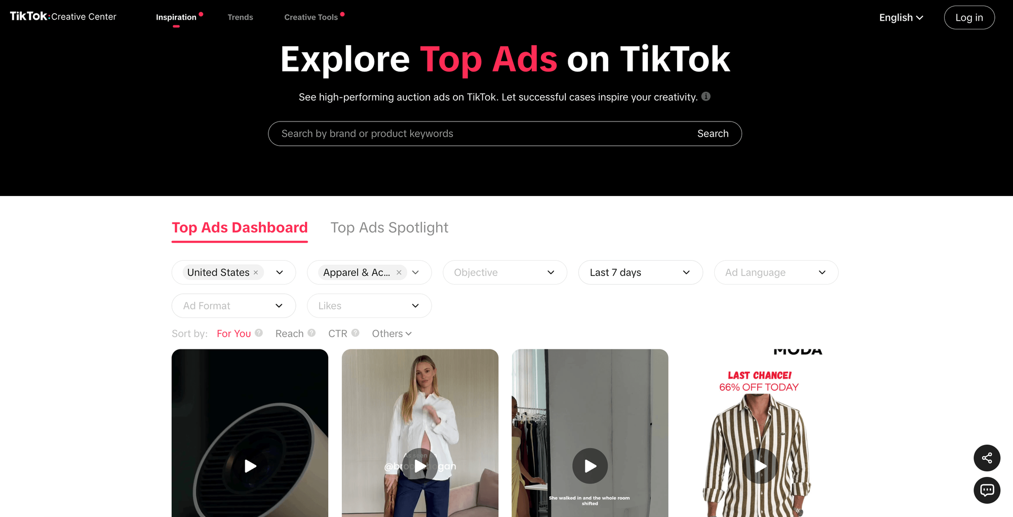 TikTok Creative Center Top Ads Dashboard, with filters set to United States, Apparel & Accessories, and Last 7 days, and a Sort-by row (For You / Reach / CTR), showing 4 real video ad thumbnails