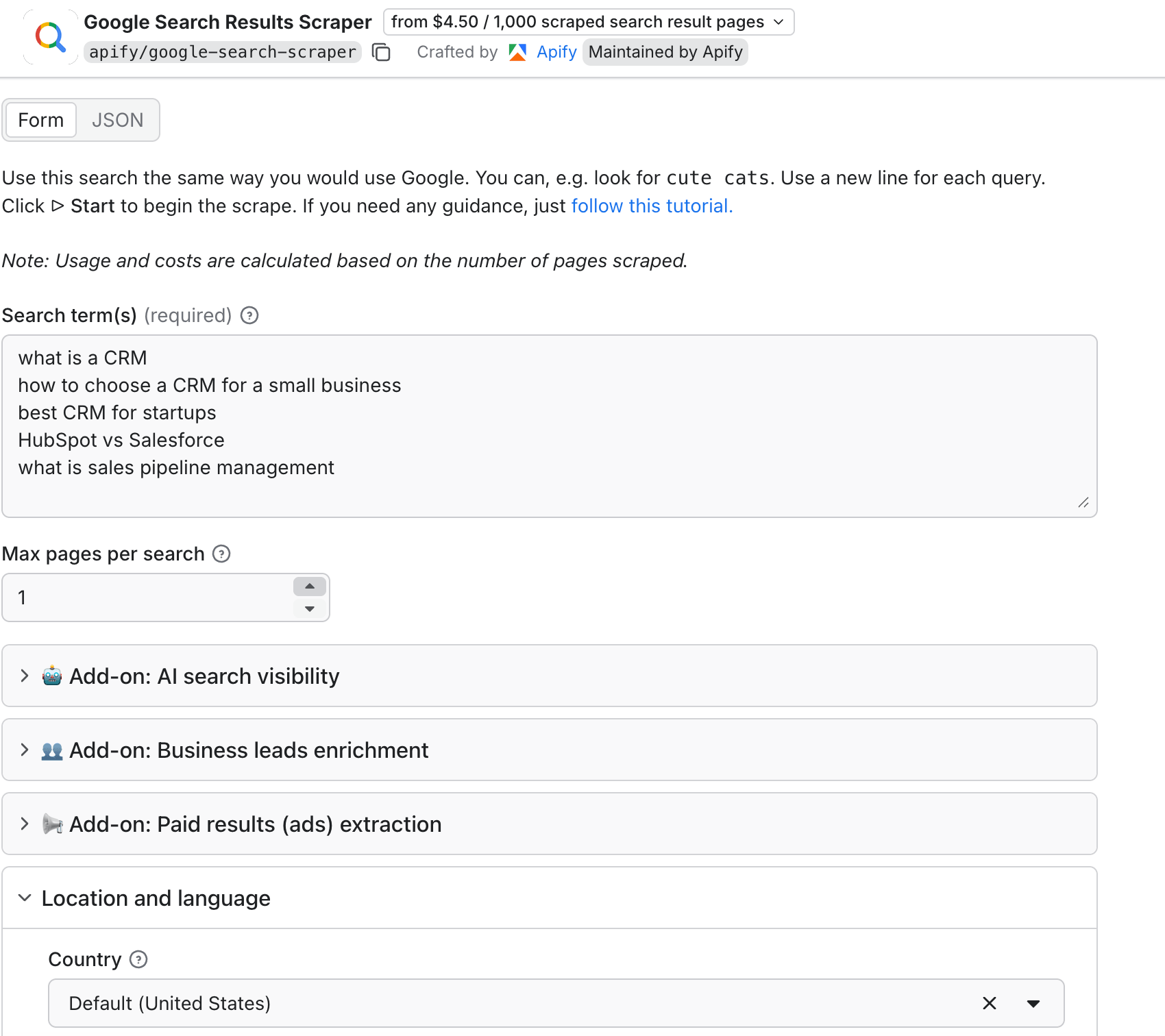 The Search term(s) field holds the CRM queries, Max pages per search is 1, and Country is set to Default (United States).