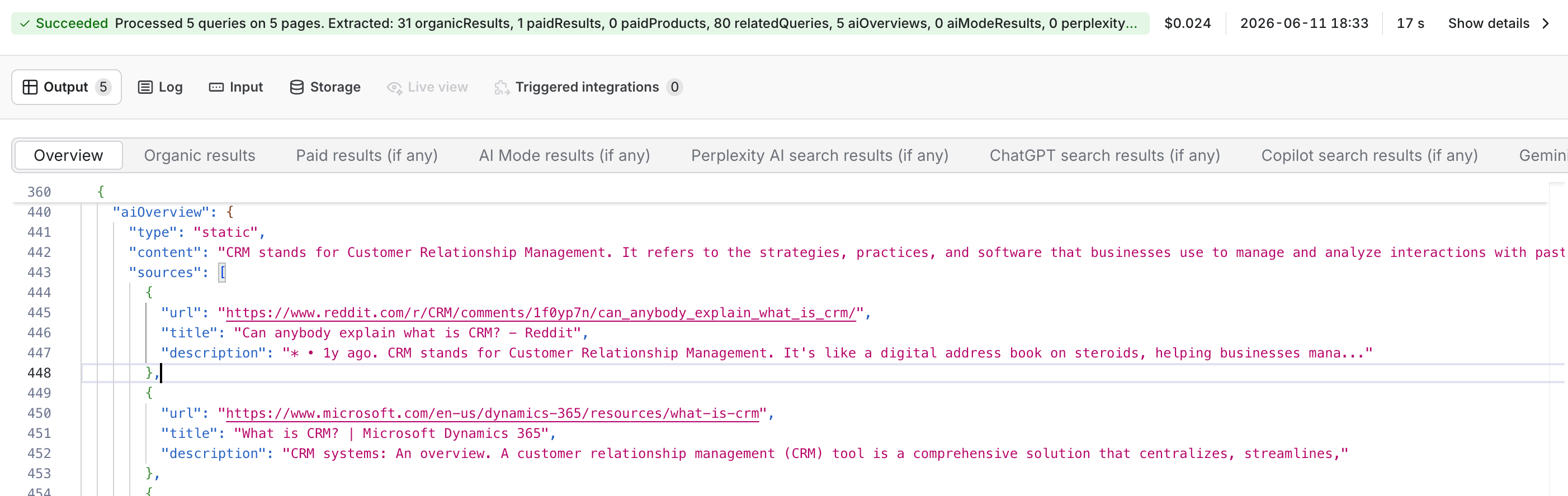 The expanded aiOverview object shows its type as static, the answer content, and cited sources starting with Reddit and Microsoft.