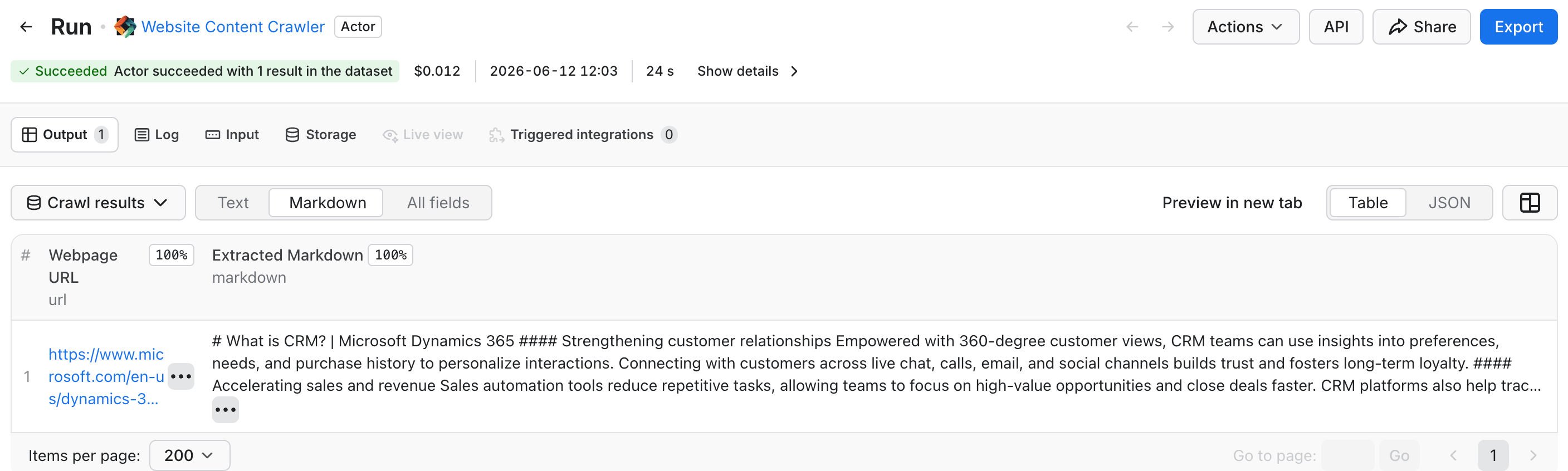 A cited page pulled as clean Markdown by the Website Content Crawler: Microsoft's "What is CRM" page, the source text you compare against what Google lifted. Its "Sales automation tools reduce repetitive tasks" line became the Overview's "Task Automation" point.