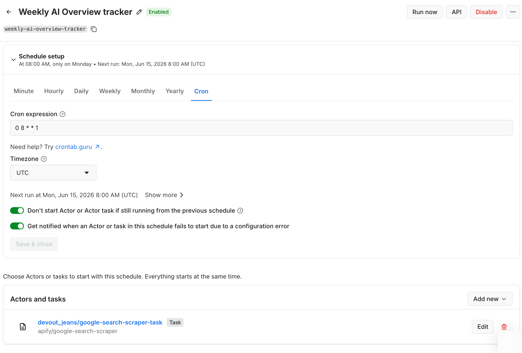 A weekly schedule in Apify Console running the saved task: the same query set set to run every Monday at 8 am UTC, showing the next run date and the attached Google Search Results Scraper task.