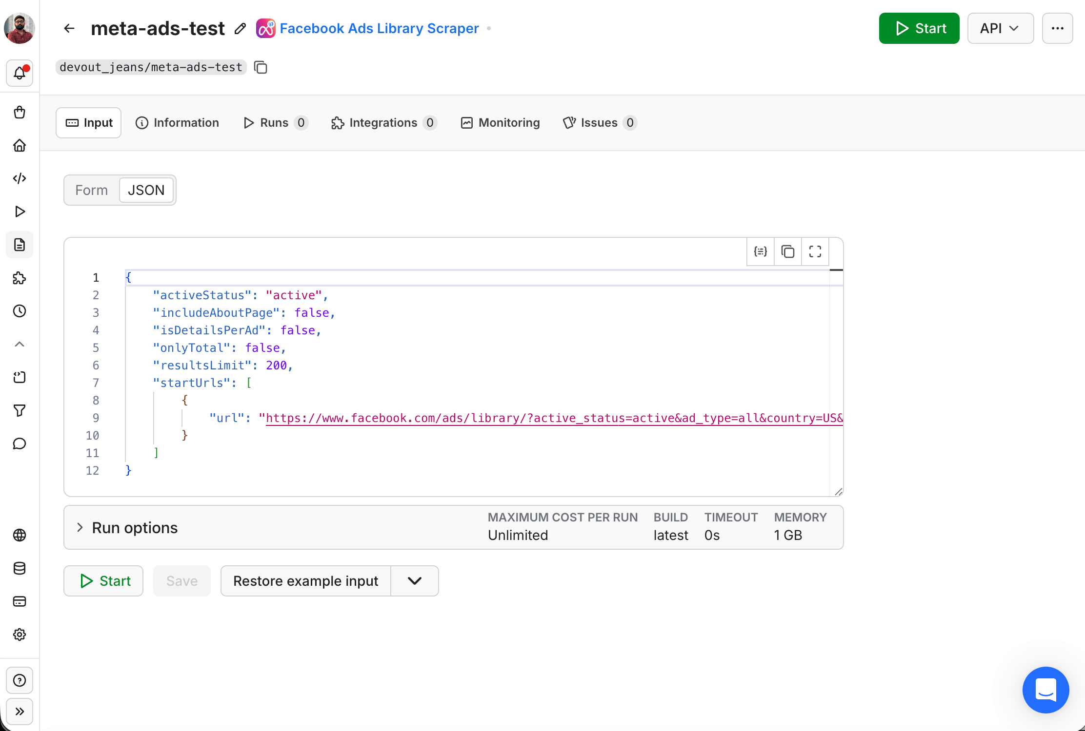 The saved task meta-ads-test in Apify Console, JSON input view: activeStatus active, resultsLimit 200, and a Meta Ad Library URL in startUrls, wrapping the Facebook Ads Library Scraper Actor