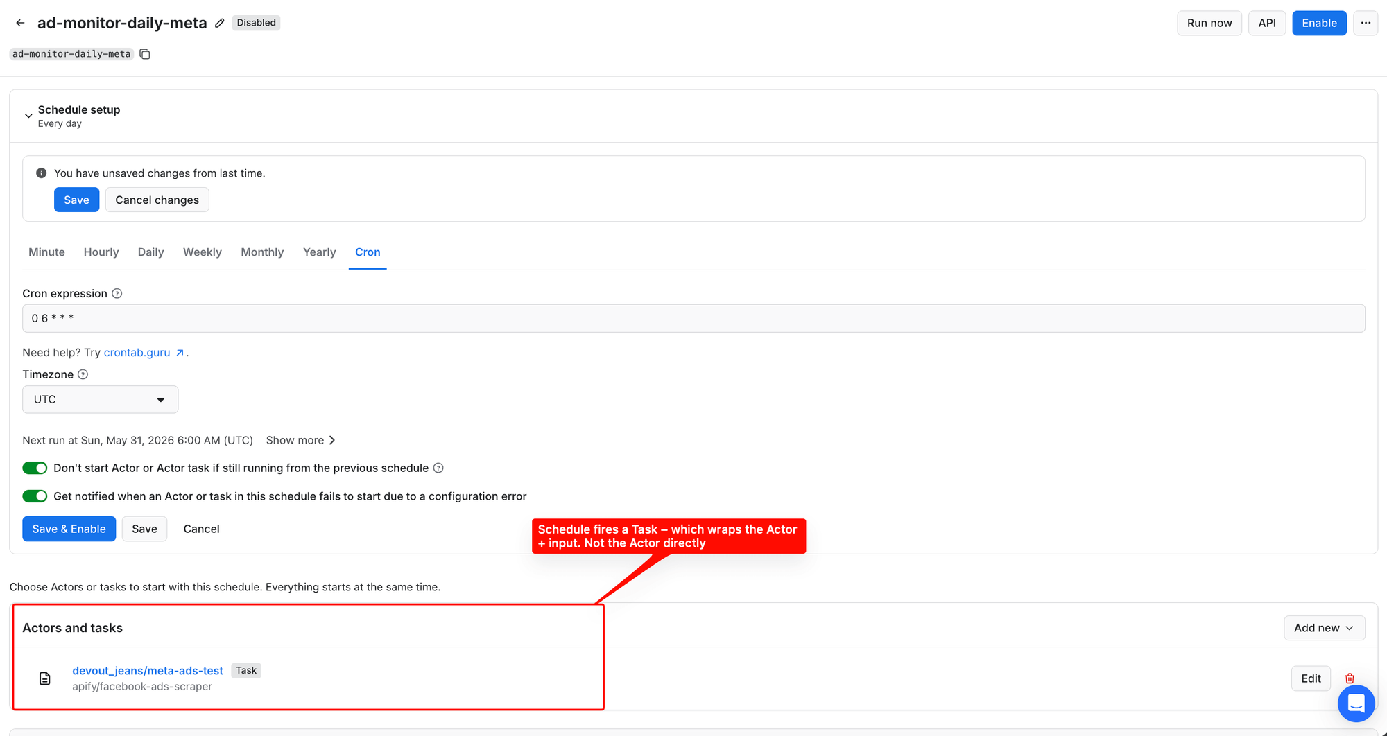 Apify Console schedule config: cron 0 6 * * *, UTC timezone, with the saved Task devout_jeans/meta-ads-test (which wraps apify/facebook-ads-scraper) attached in the Actors and tasks section