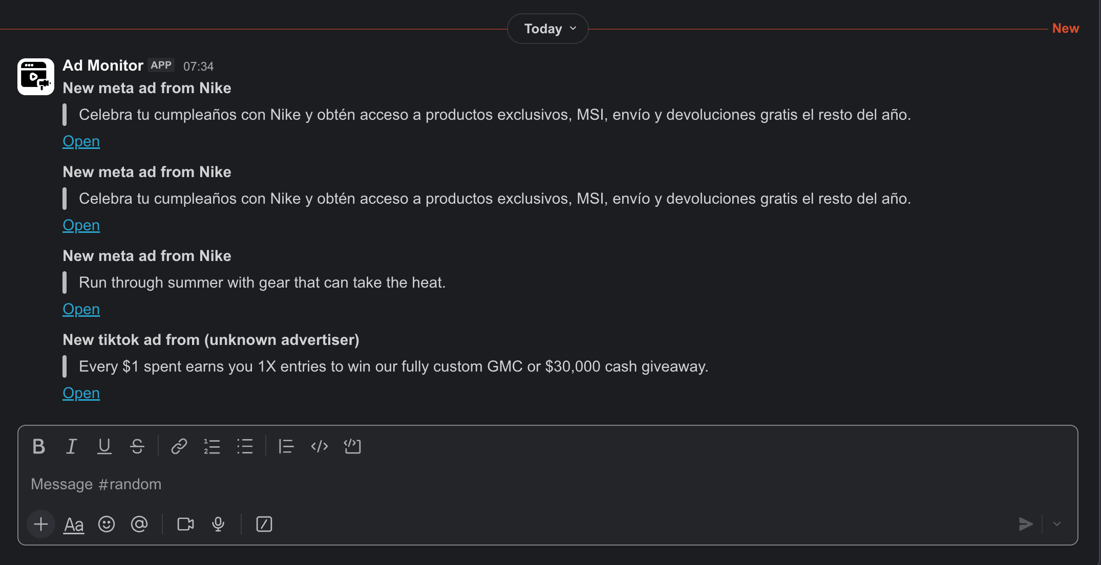Slack channel showing 4 alerts posted by an Ad Monitor incoming webhook app: 3 Meta ads from Nike with real ad copy in Spanish and English, and 1 TikTok ad – each rendered with bold title, blockquoted body text, and an Open link