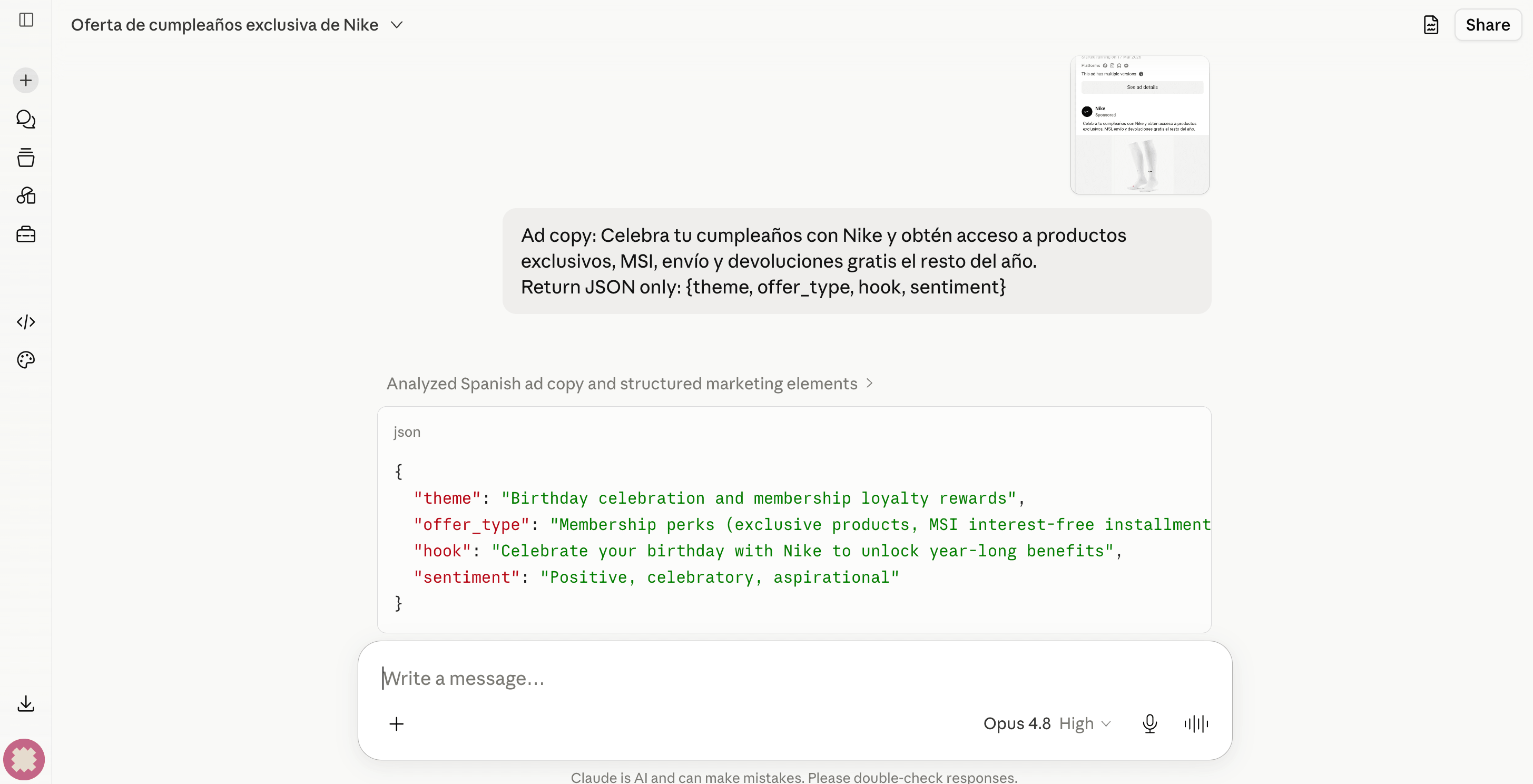 Claude analyzing the Nike birthday ad in claude.ai – the cropped Nike sock ad uploaded, the article's prompt sent, and Claude returning a JSON object with theme, offer_type, hook, and sentiment fields populated