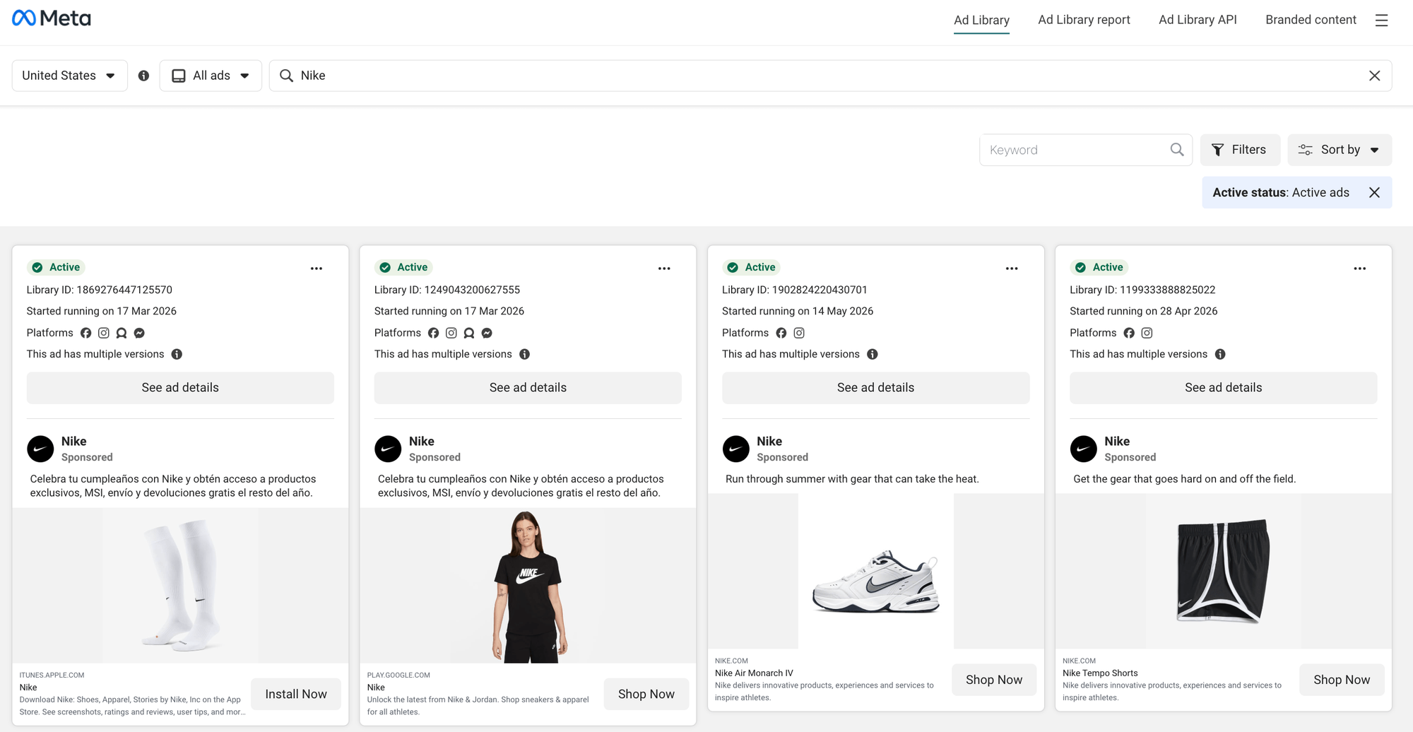 Meta Ad Library showing 4 active Nike ads – Library IDs, dates, platforms, creatives, and CTAs all visible in the public UI
