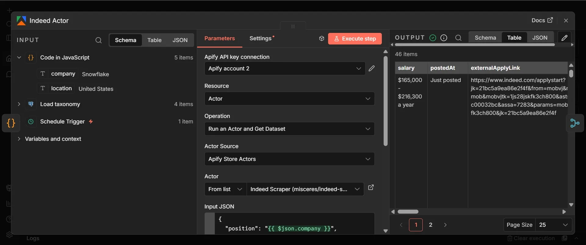 Opened Indeed Actor node