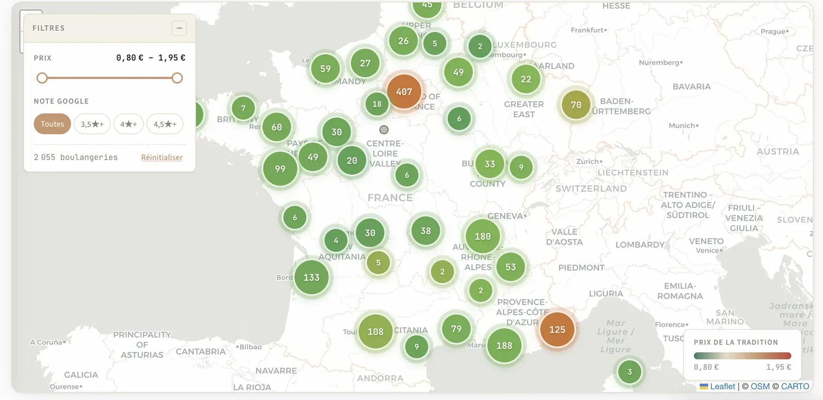 Le Baguette Index interactive map of France with clustered bakery counts, shaded from green for cheaper baguettes to red for pricier ones