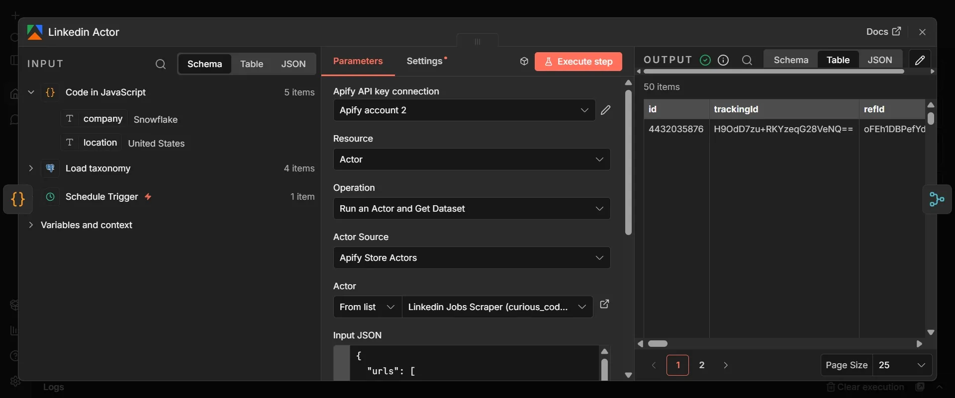 Opened Linkedin Actor node