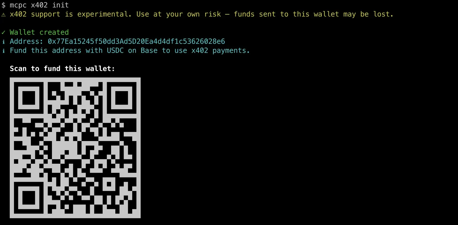 mcpc x402 init terminal output