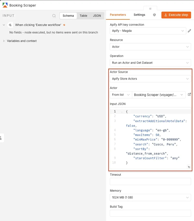 n8n Booking Scraper input JSON
