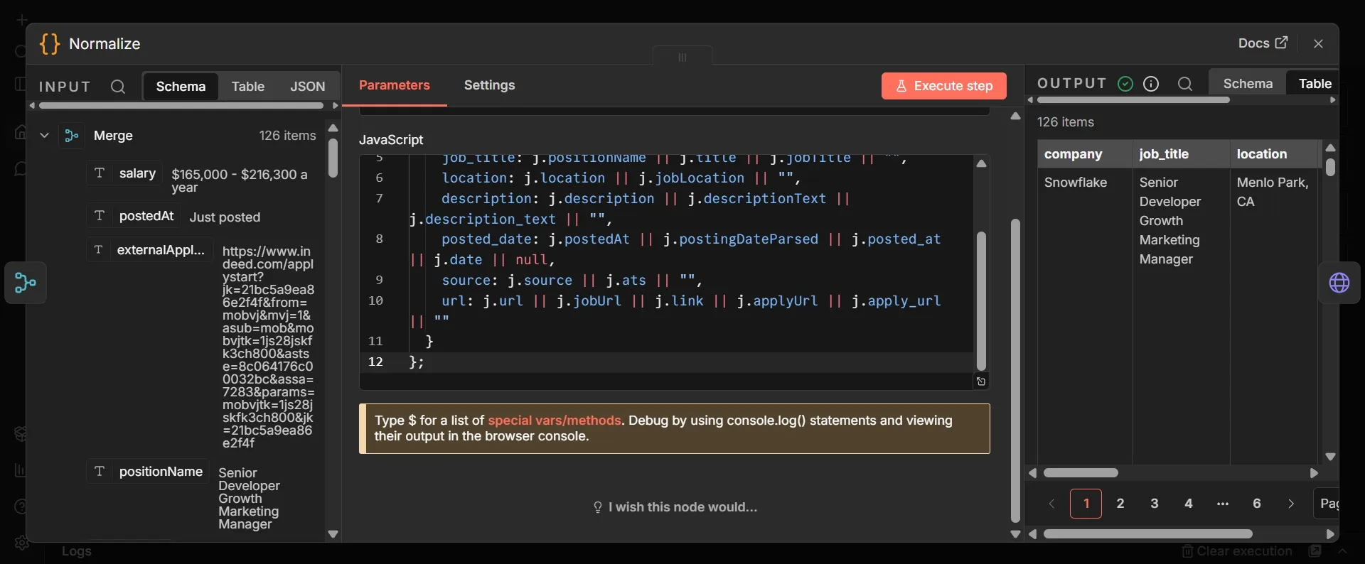 Opened Normalize code node