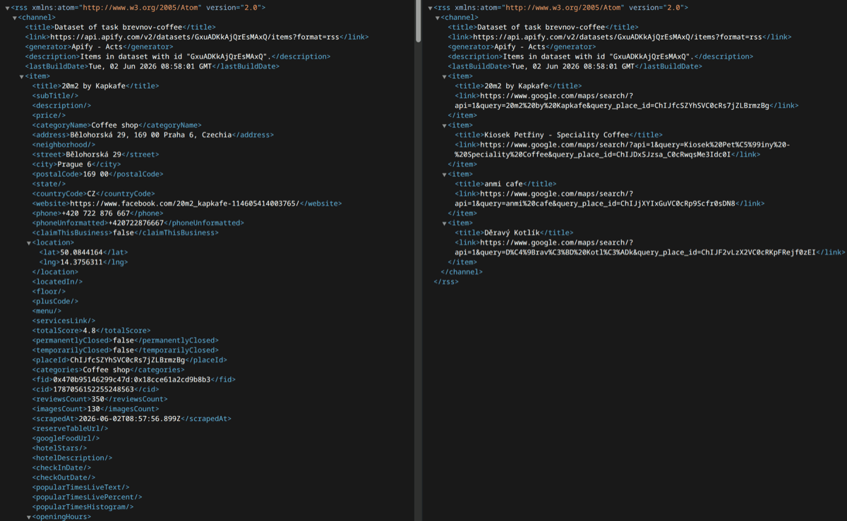The original dataset with incorrect names and extra fields (left) and the final valid RSS feed (right)