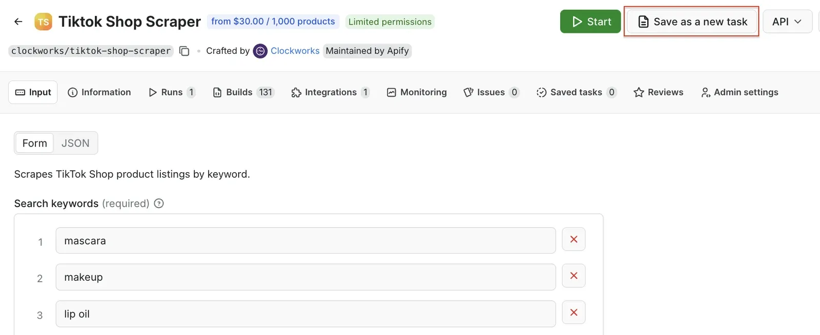 TikTok Shop Scraper - save the setup as a new task
