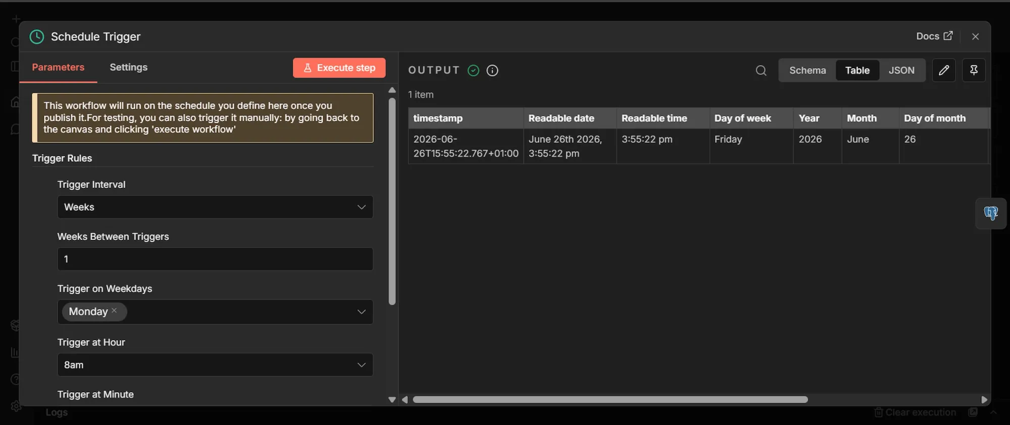 Opened Schedule trigger node