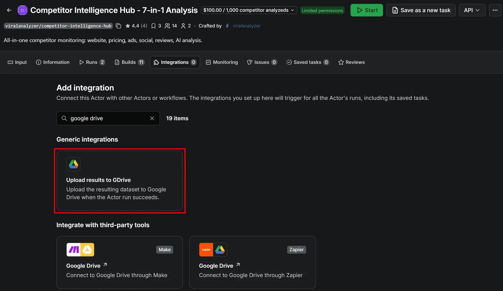 Selecting the Upload results to GDrive option