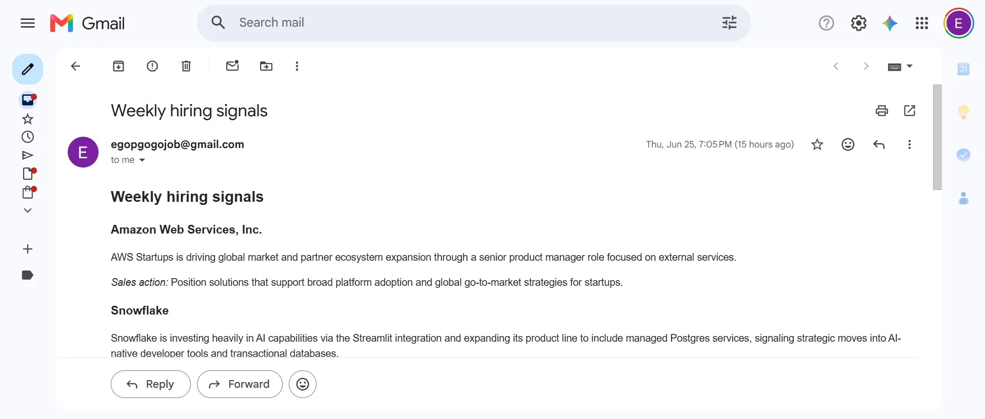 Mail containing weekly hiring signals