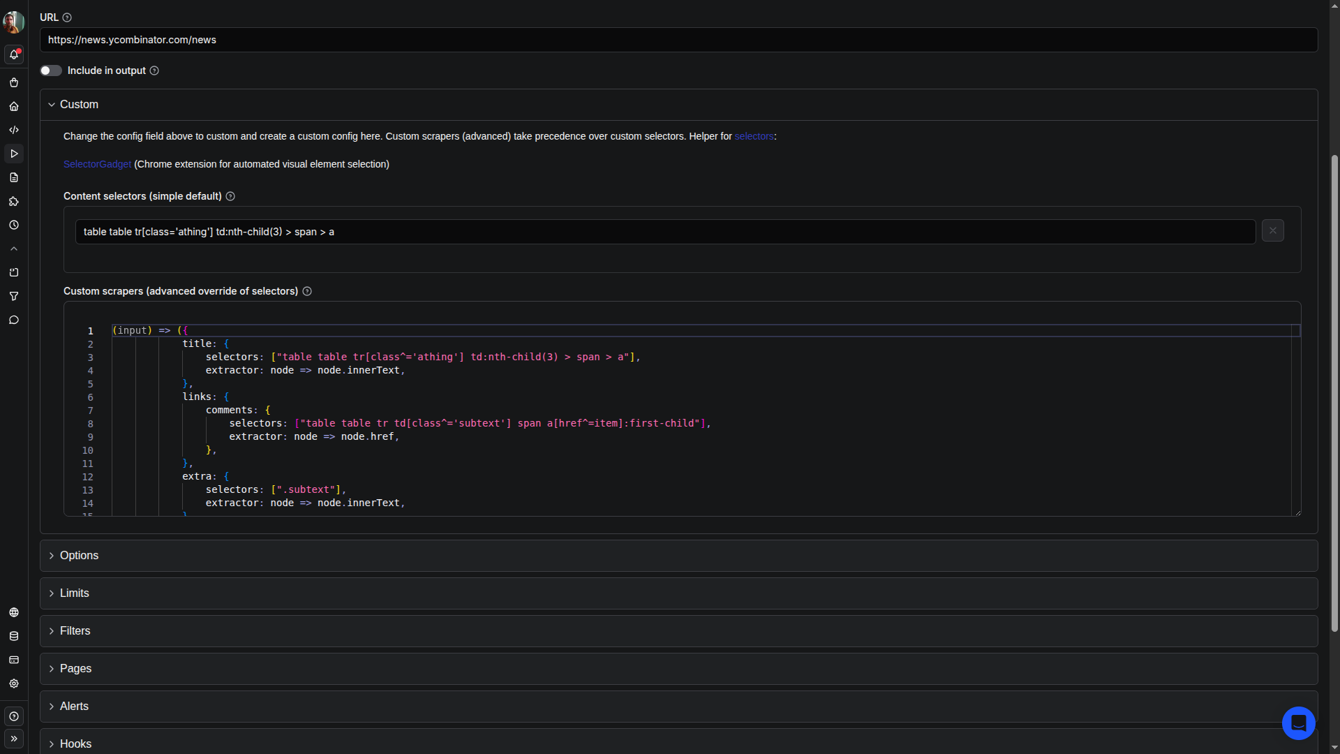 Actor input UI with URL, content selectors, and custom scrapers config.