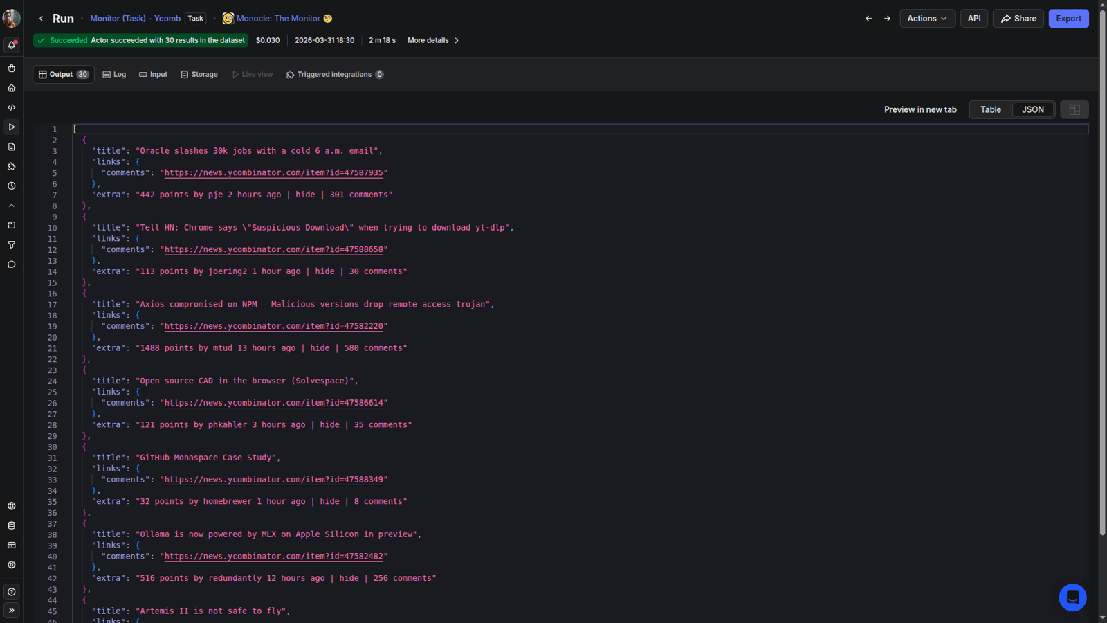 Actor run output showing dataset results.