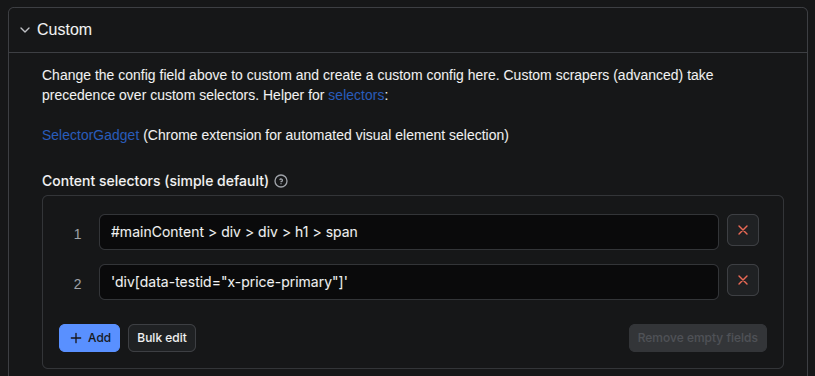 Custom config with two content selectors.