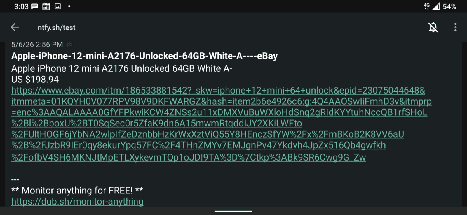 ntfy notification with eBay price alert.