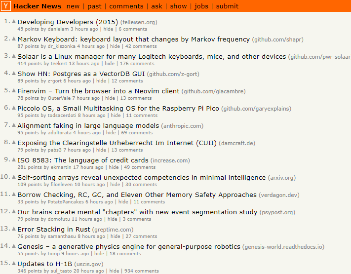 Hacker News front page.