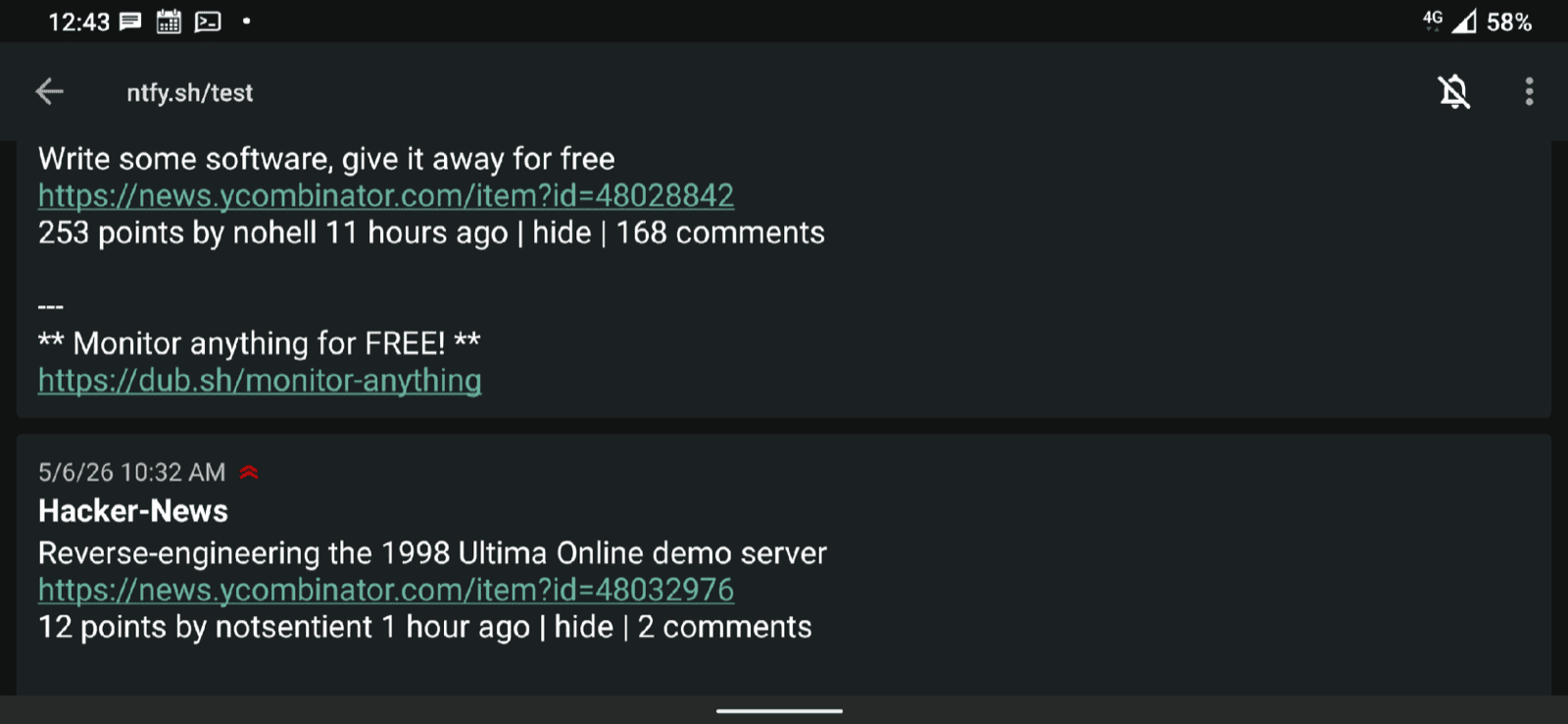 ntfy notifications with Hacker News items.