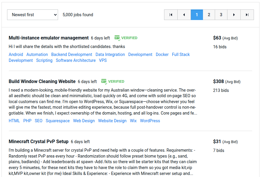 Freelancer job listings.