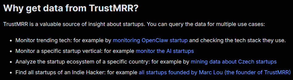 TrustMRR Scraper README snippet