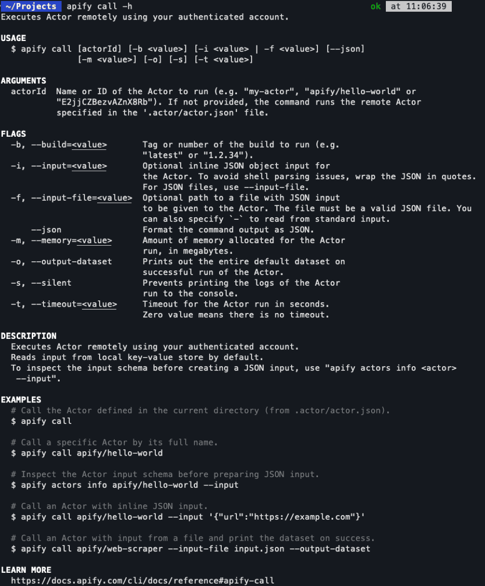 apify call and apify help commands