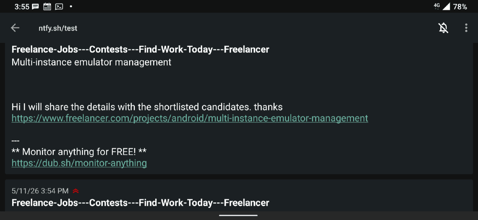 ntfy notification with Freelancer job alert.