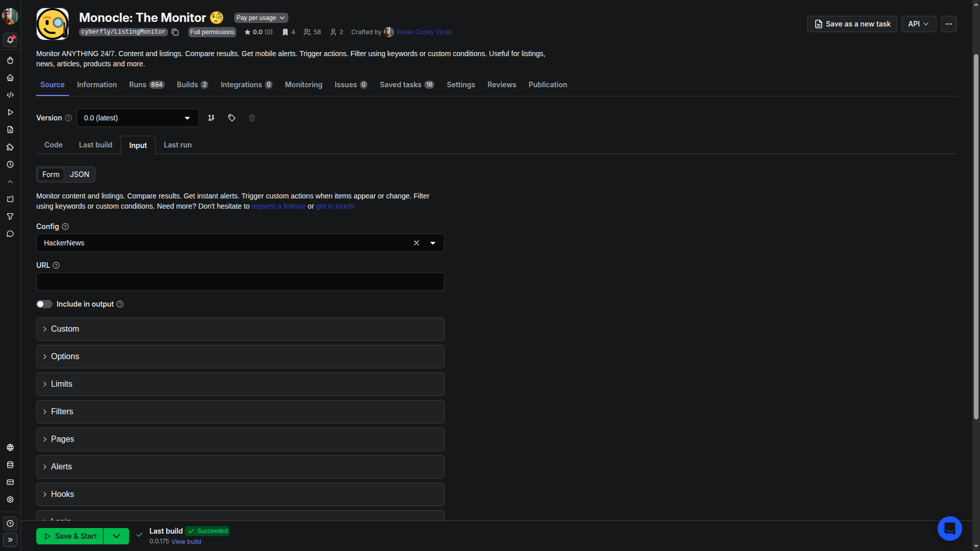 Monocle: The Monitor Actor page in Apify Console.